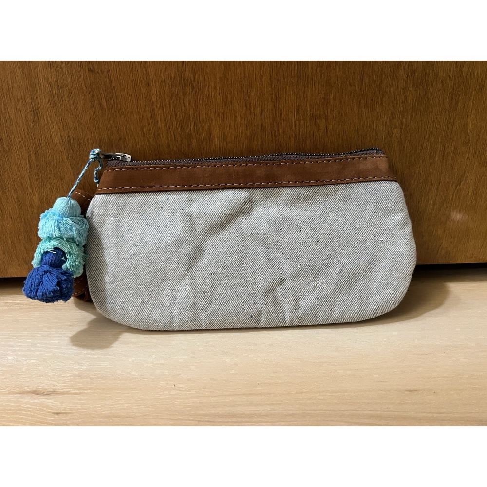 Nena & Coโ Wristlet Denim Woven Handcrafted Plain Pom Zip Pouch